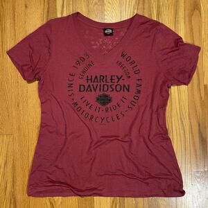 Harley Davidson Women’s V Neck  y2k T Shirt Glitter Circle Logo Sheer Fabric XL